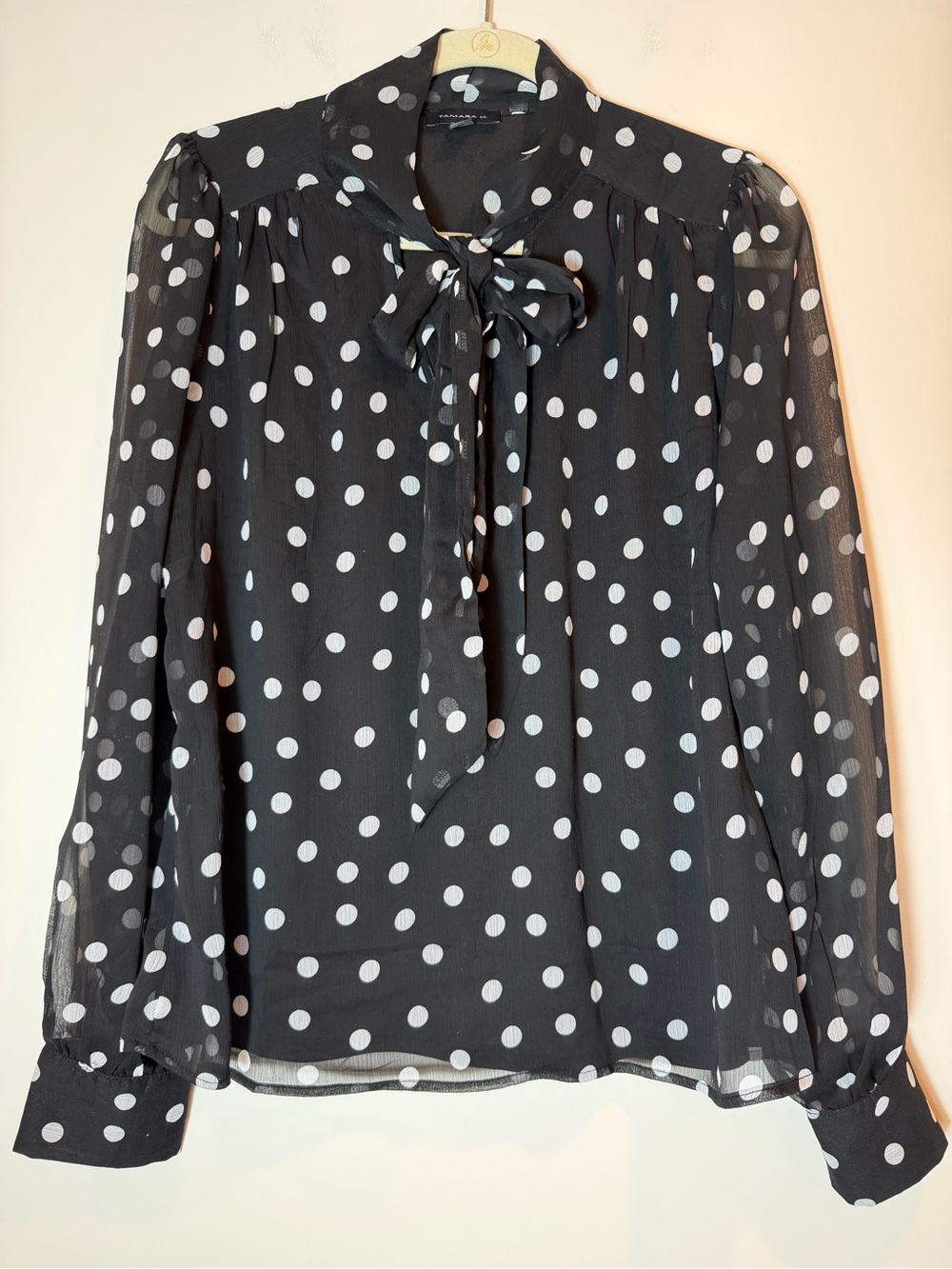 Tahari Black White Polka Dot Tie Neck Bow Blouse Size Large